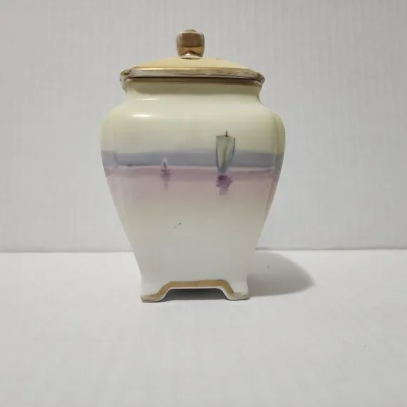 Antique or Vintage Nippon Small Porcelain Potpourri Jar with Lid Sailboat Scene - Picture 3 of 9